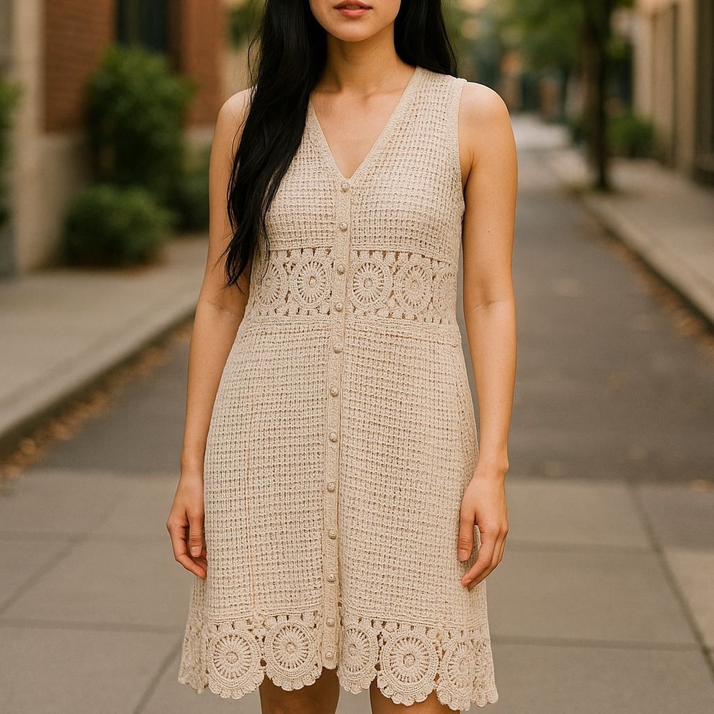 NWT. Chic Beige Crochet Sleeveless Dress